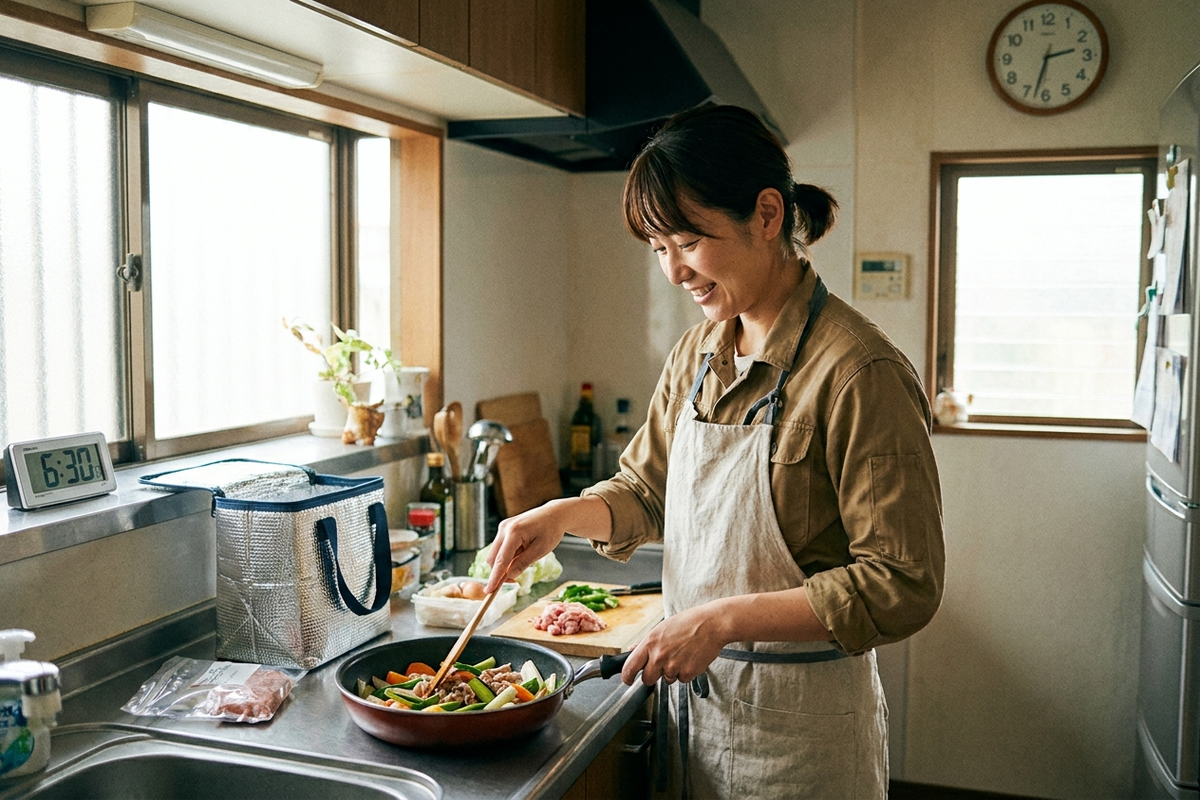 キッチンでミールキットを使って手早く料理する女性