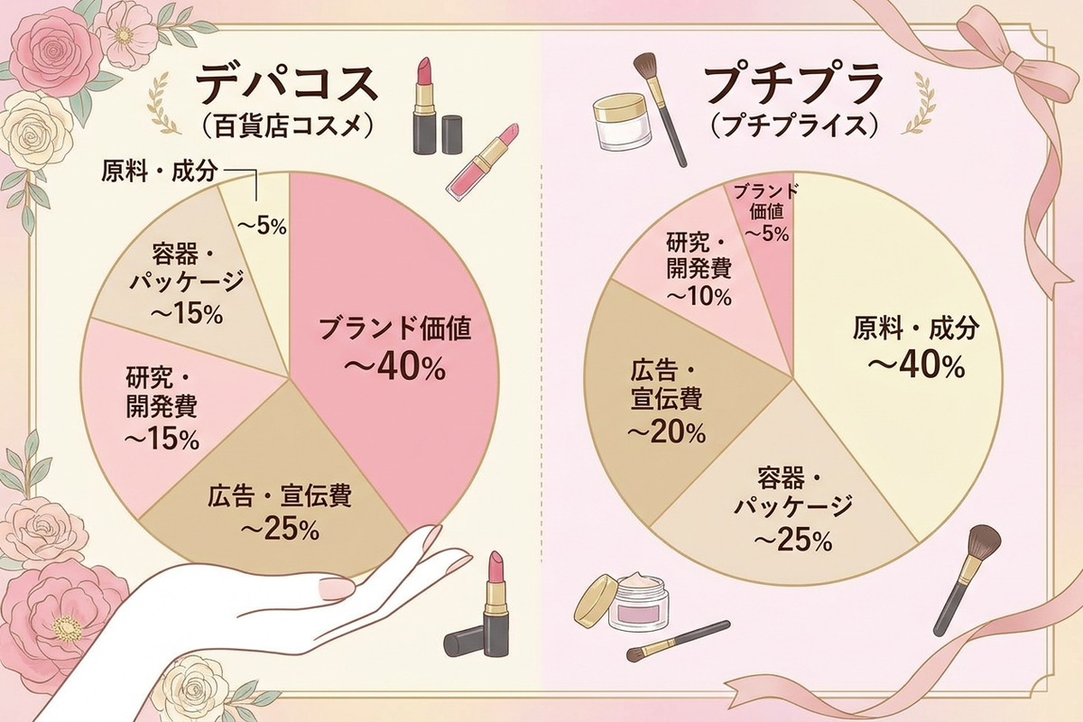 プチプラとデパコスの価格の内訳を比較した円グラフ