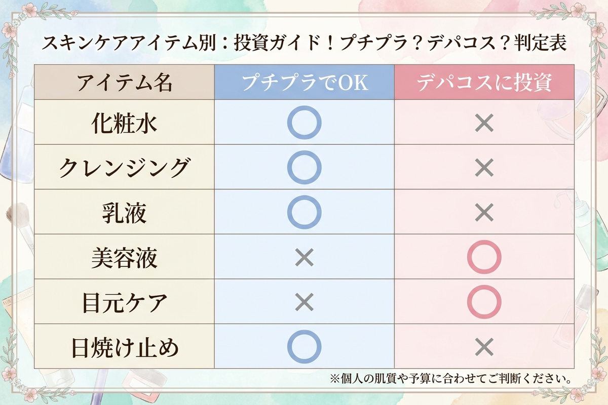 スキンケアアイテム別プチプラ・デパコス使い分け判定表