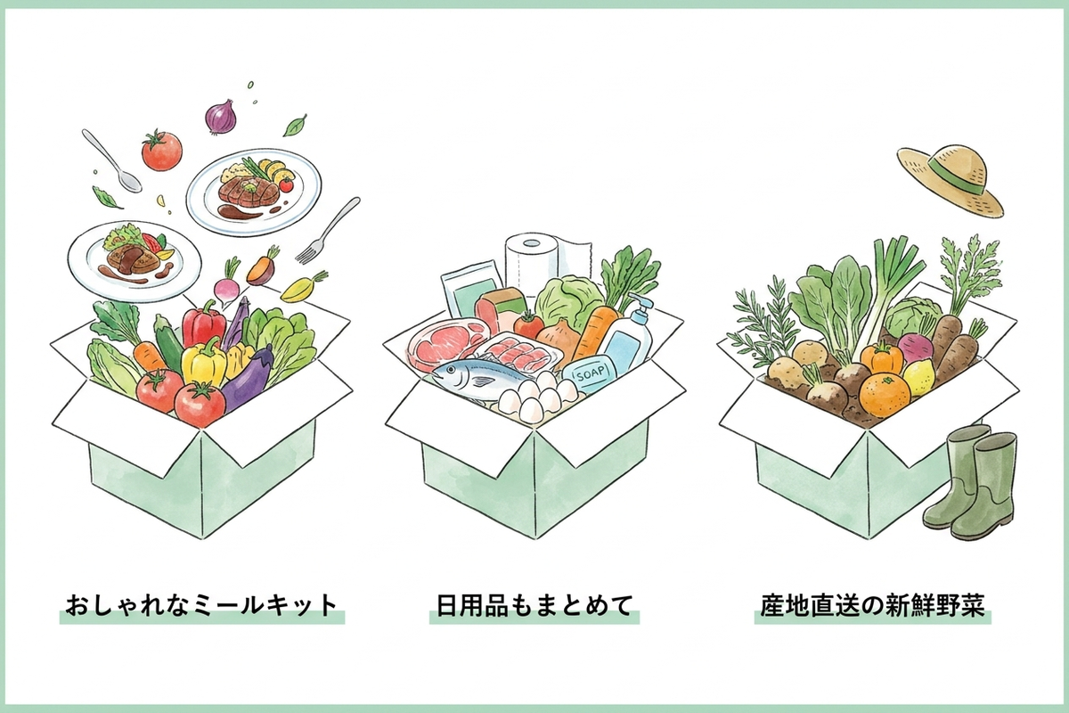 3つの食材宅配サービスを比較するイメージ
