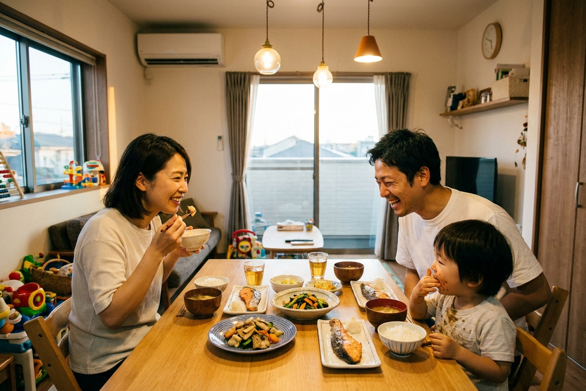 家族で手作りの夕食を囲むダイニングの風景