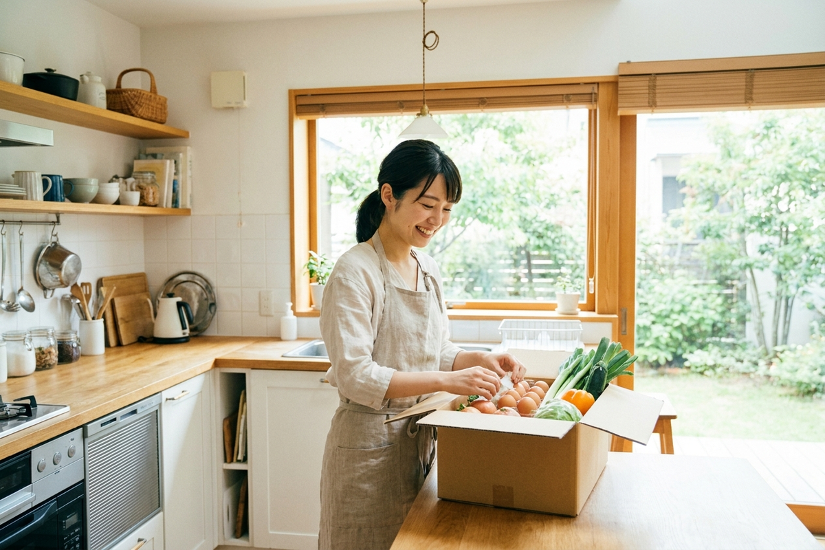 届いた食材宅配の箱を開けて微笑む女性