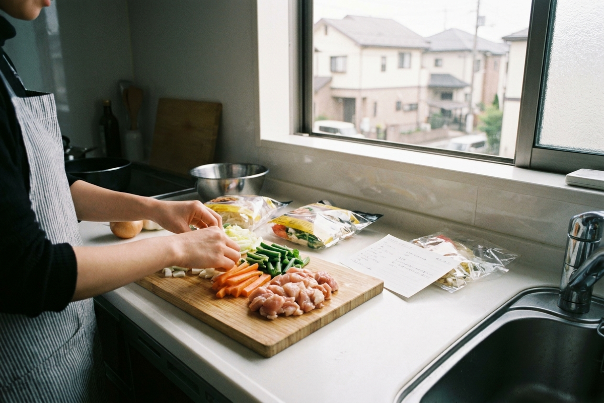 まな板の上のカット済み食材とレシピカード