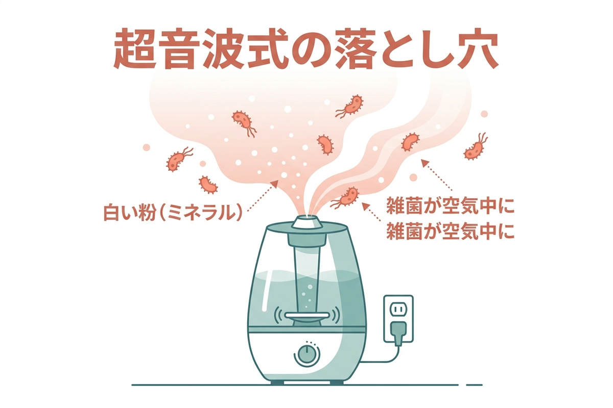 超音波式加湿器の白い粉と雑菌のリスクを示した図