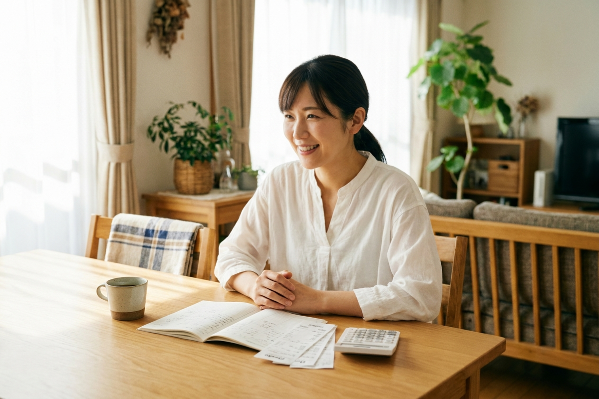 家計簿ノートと電卓を前に前向きな表情の女性