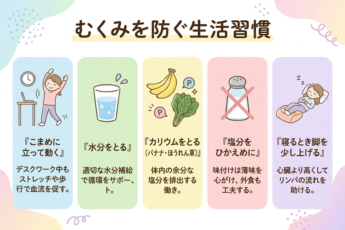 むくみを防ぐ生活習慣。こまめに動く・水分をとる・カリウム・塩分ひかえめ・寝るとき脚を上げる