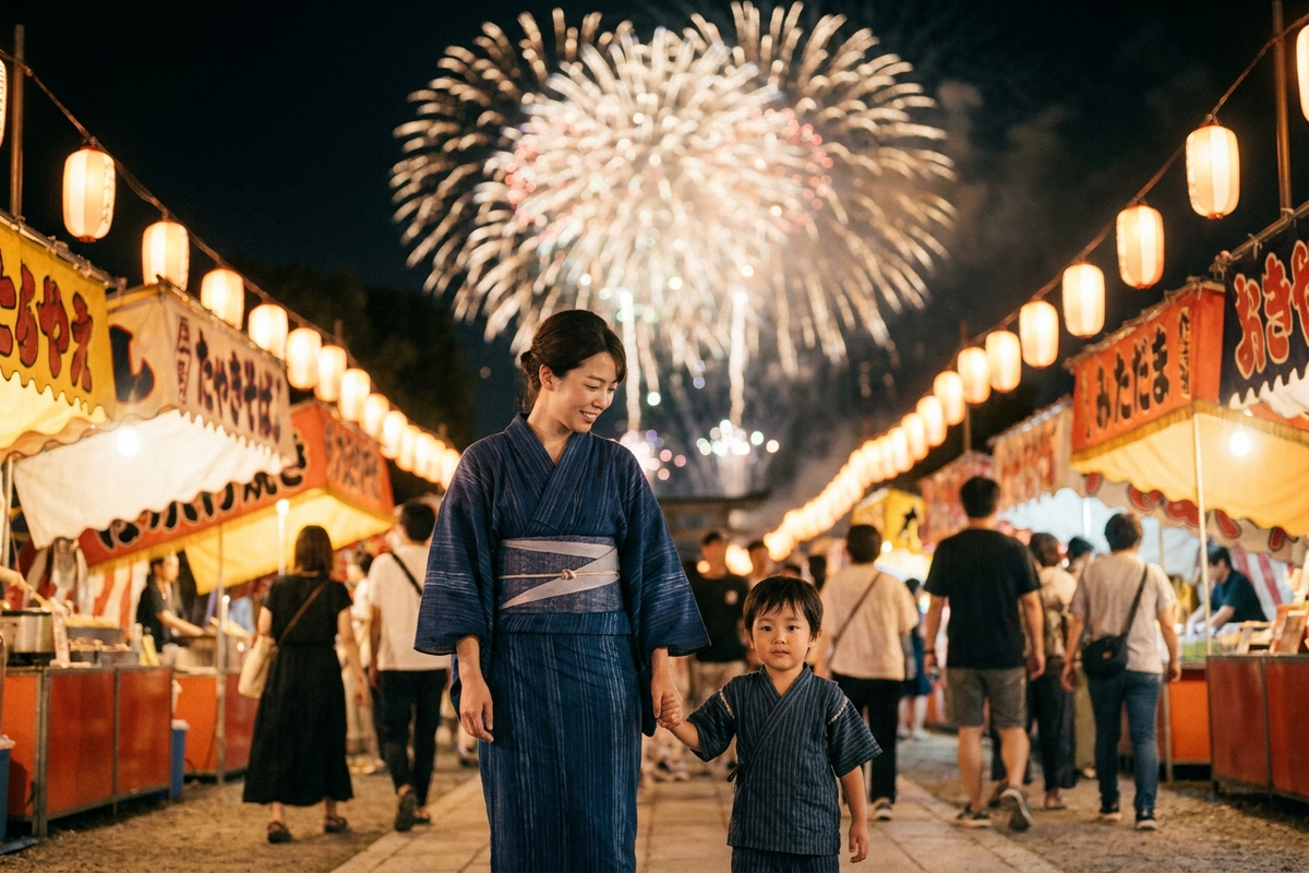 浴衣で花火大会に来た親子