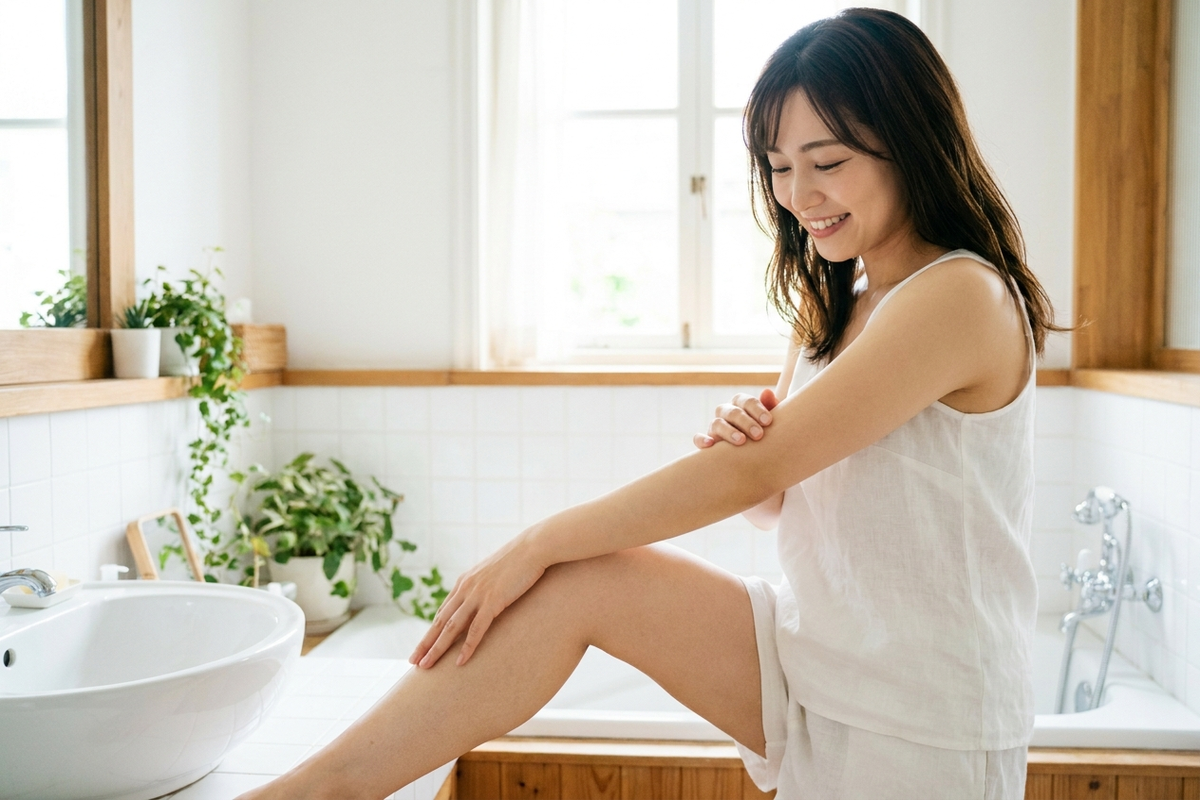 ムダ毛ケアを終えてなめらかな肌に満足している女性