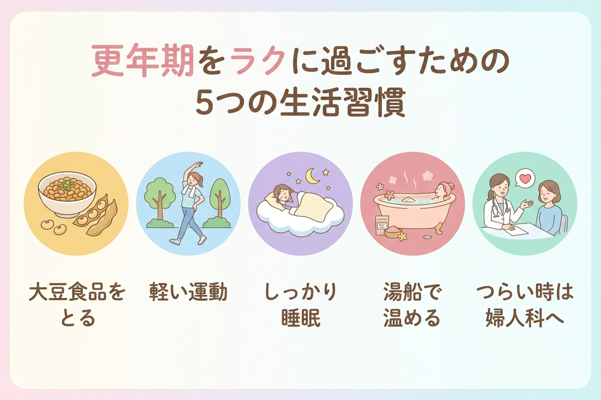 大豆食品・軽い運動・しっかり睡眠・湯船で温める・つらい時は婦人科へ、という更年期をラクにする5つの生活習慣