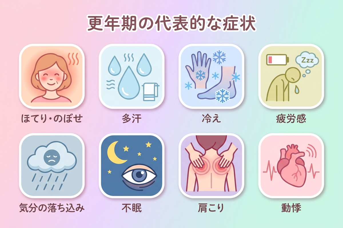 ほてり・多汗・冷え・疲労感・気分の落ち込み・不眠・肩こり・動悸など更年期の代表的な症状のアイコン一覧