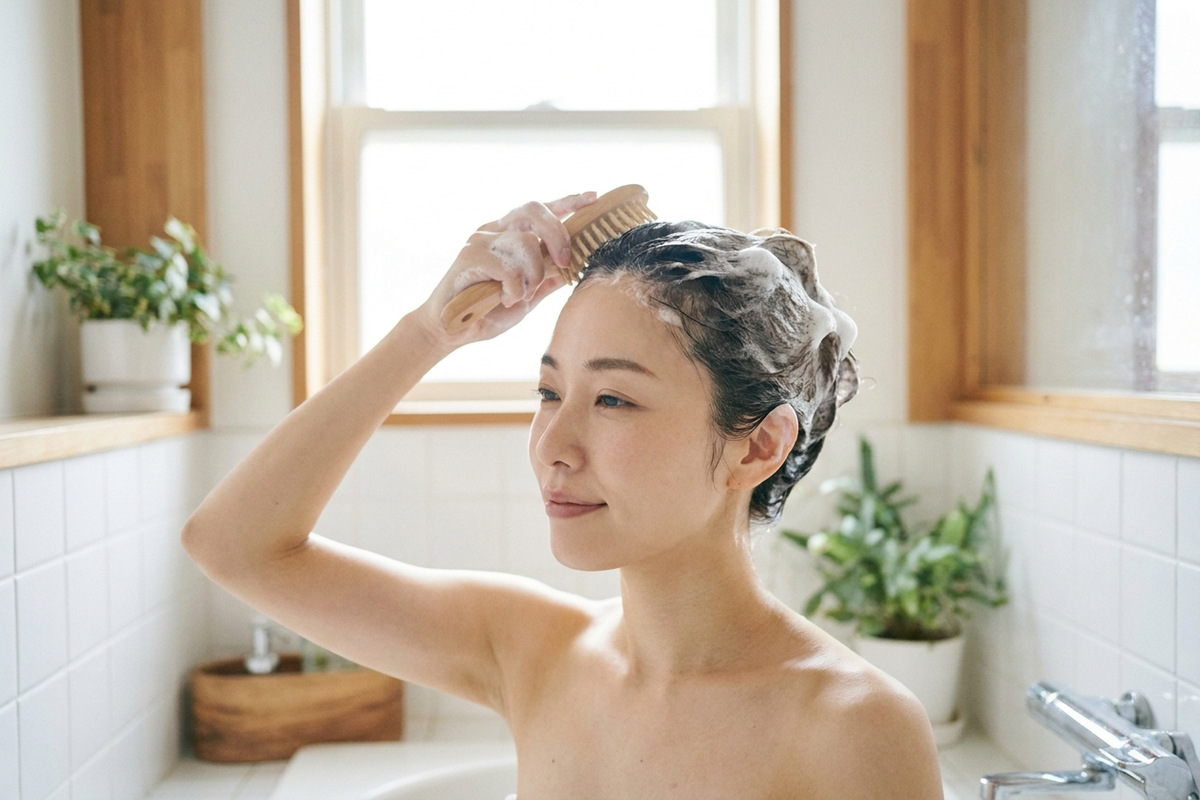 頭皮マッサージをする女性