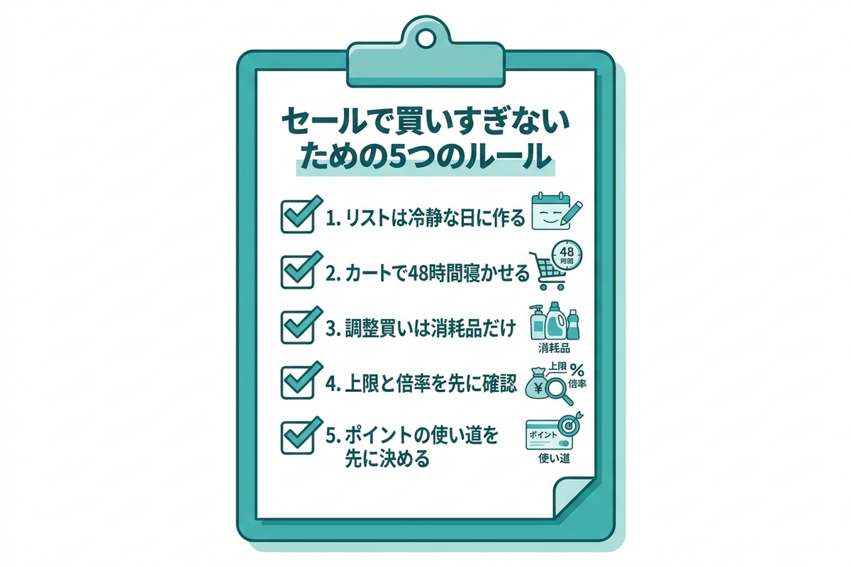 セールで買いすぎないための5つのルールのチェックリスト
