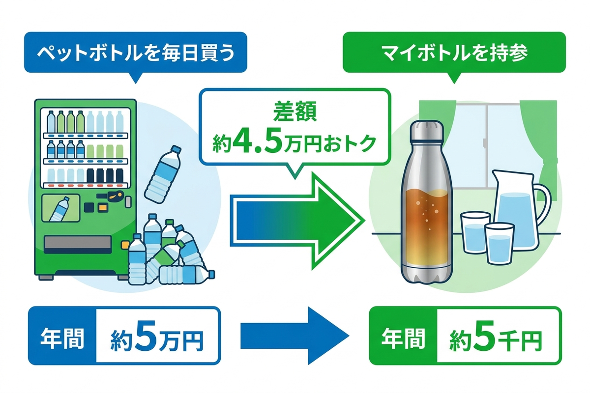 ペットボトル購入とマイボトル持参の年間コスト比較