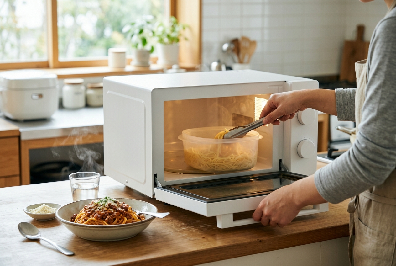 電子レンジでパスタを調理する様子