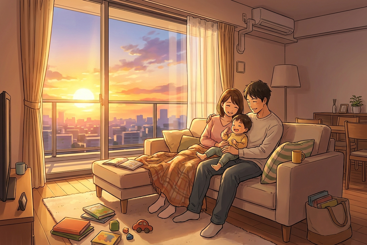 家事の時間を節約して家族と過ごす夕方のリビング