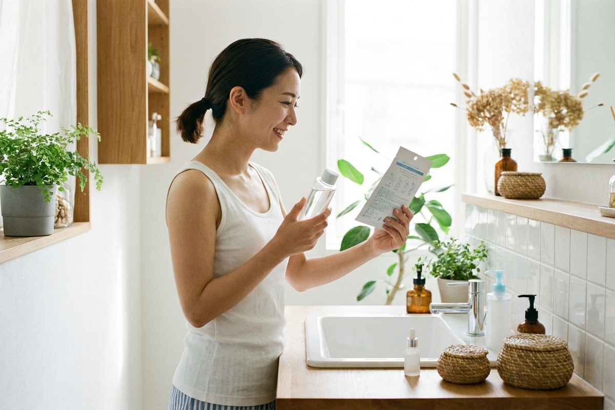 スキンケアアイテムを選ぶ女性