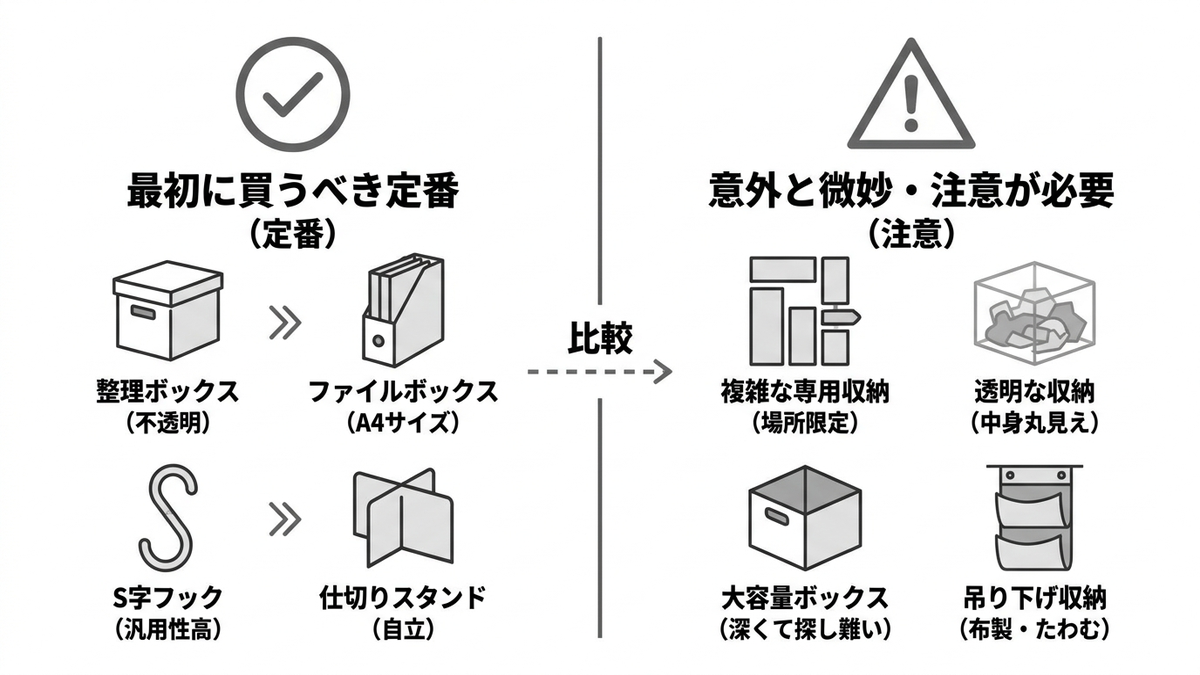定番アイテムと注意が必要なアイテムの比較図