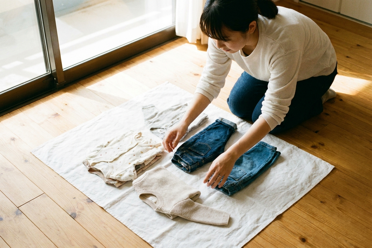 自然光の下で子供服を並べて撮影する様子