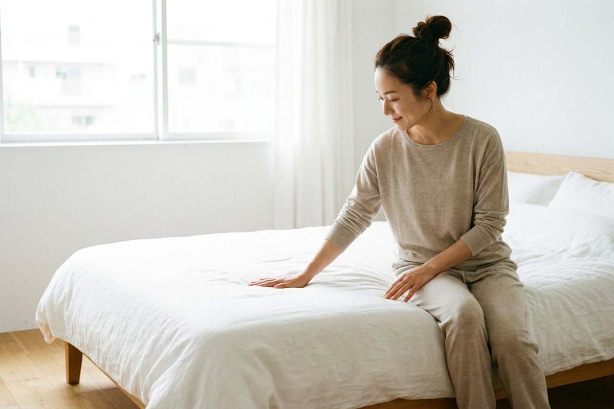 マットレスの寝心地を手で確かめる女性