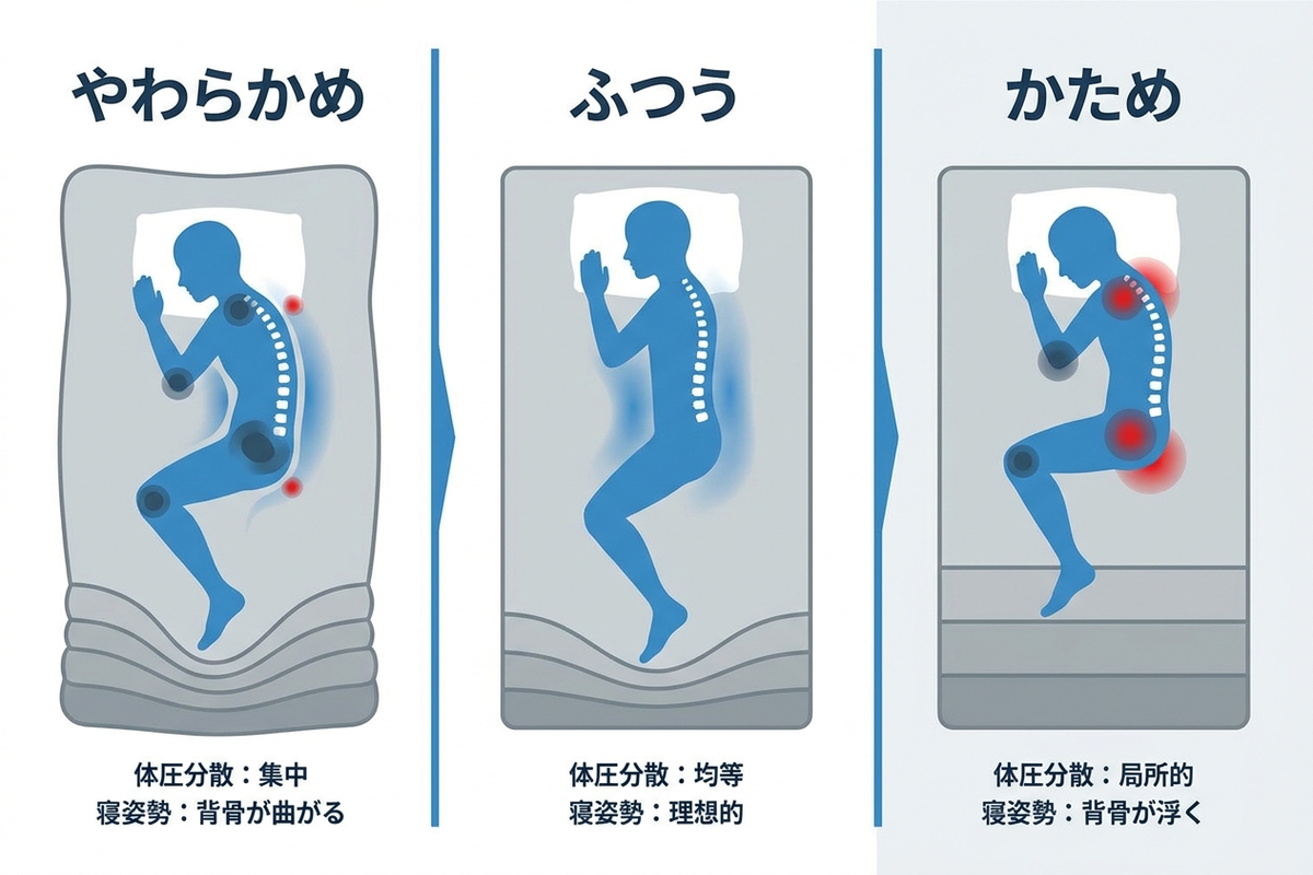 マットレスの硬さと体圧分散・寝姿勢の関係を示す図解