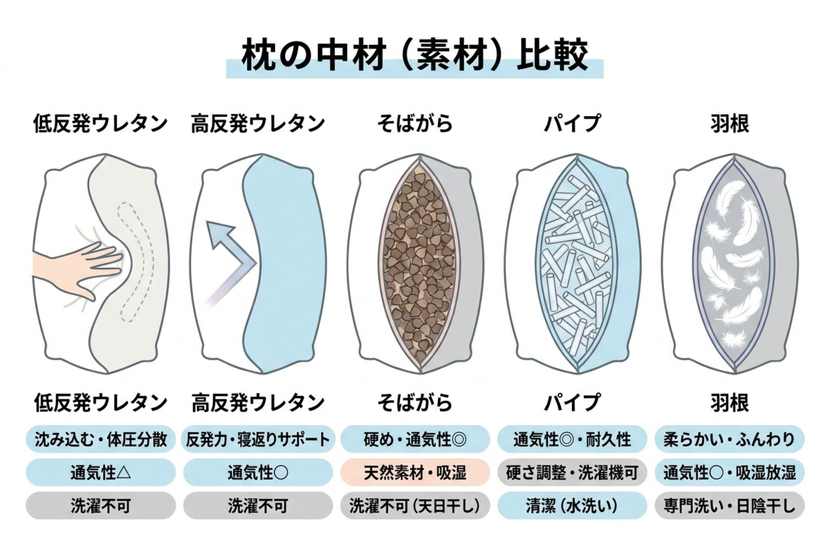 低反発・高反発・そばがら・パイプなど枕の素材別比較図