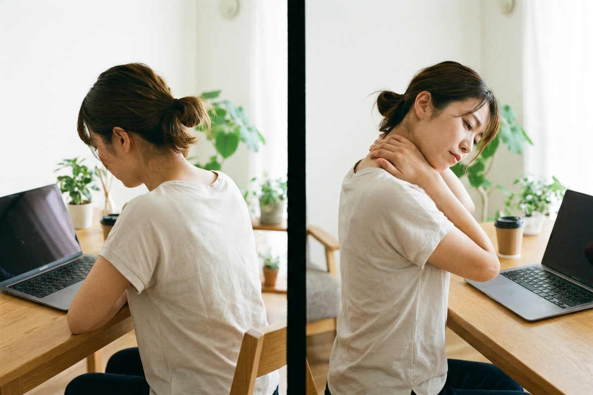 パソコン作業でうつむき姿勢が続き、肩を押さえる女性