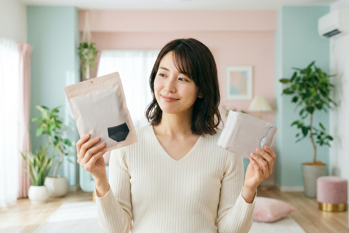 吸水ショーツとナプキンを両方手に持ち、使い分けを考える女性