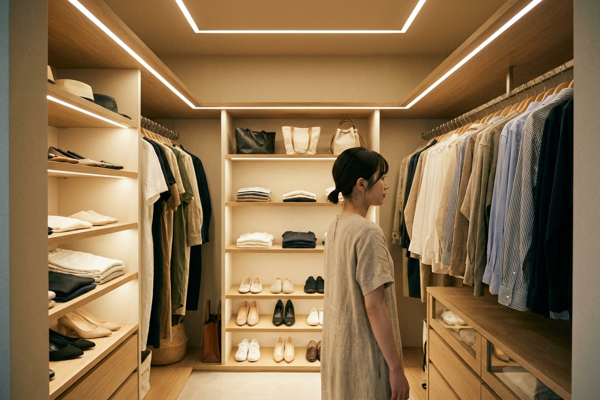 クローゼットに並んだ洋服を眺める女性のイメージ
