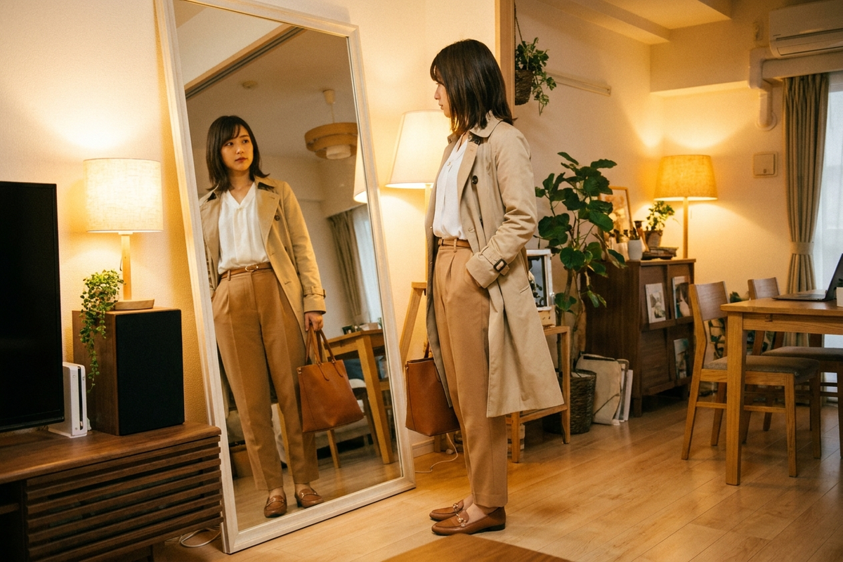 仕事帰りの女性が鏡の前でレンタル服を試着している様子