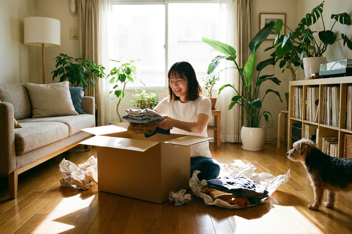 宅配で届いた洋服レンタルの箱を開ける手元