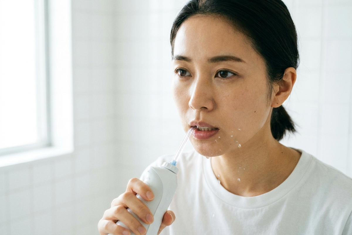 洗面所で正しい姿勢で口腔洗浄器を使う女性のイメージ