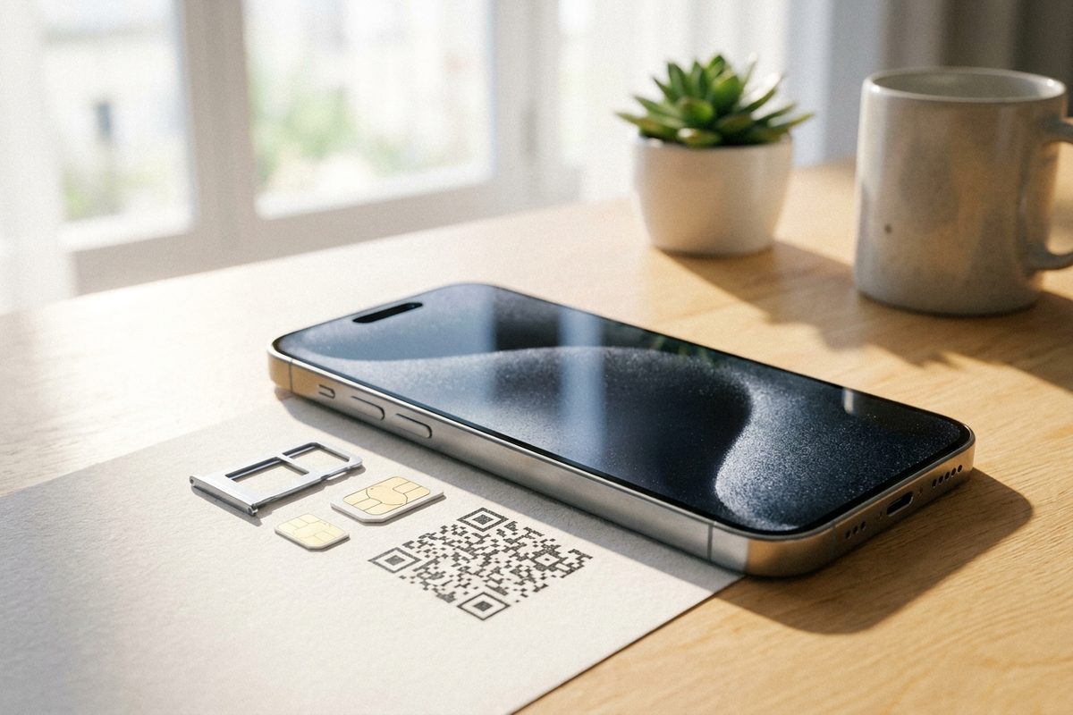 スマートフォンとSIMカード、eSIMのQRコードが並んだ様子