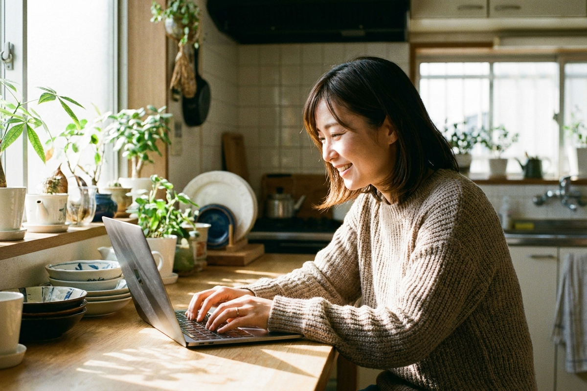 明るい部屋でノートパソコンを見ながら乗り換え手続きをする女性