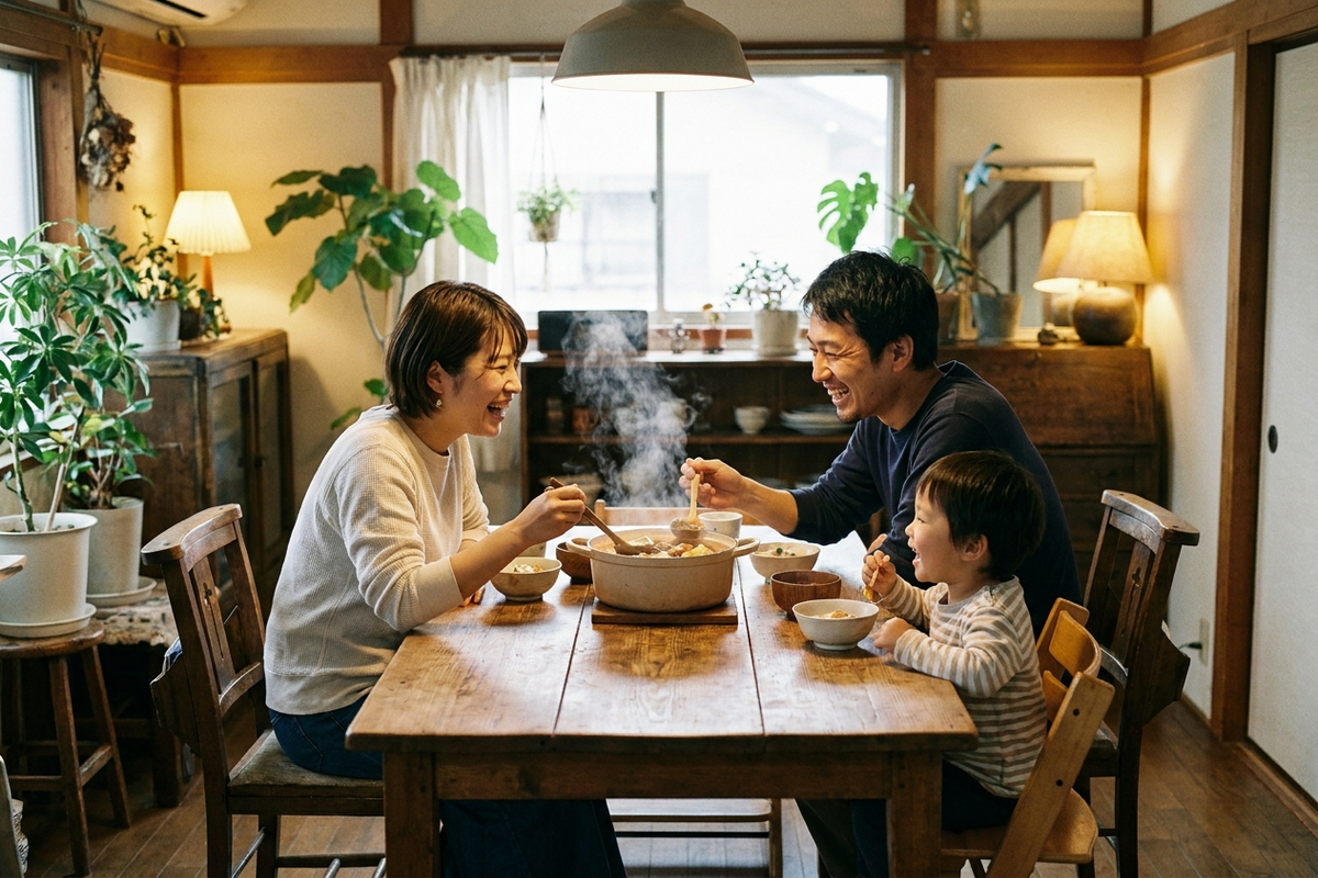 夕食のテーブルに温かい煮込み料理を並べる家族の様子