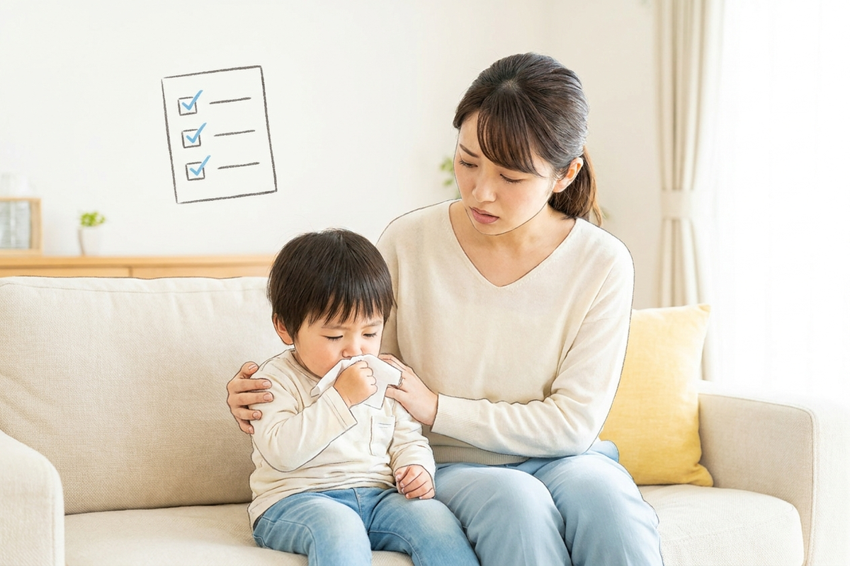 咳やくしゃみをする子どもと心配そうな母親、アレルギー体質のチェックリストを示す図