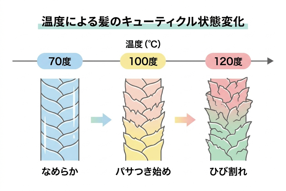 温度70度・100度・120度での髪のキューティクル状態の変化を示す図