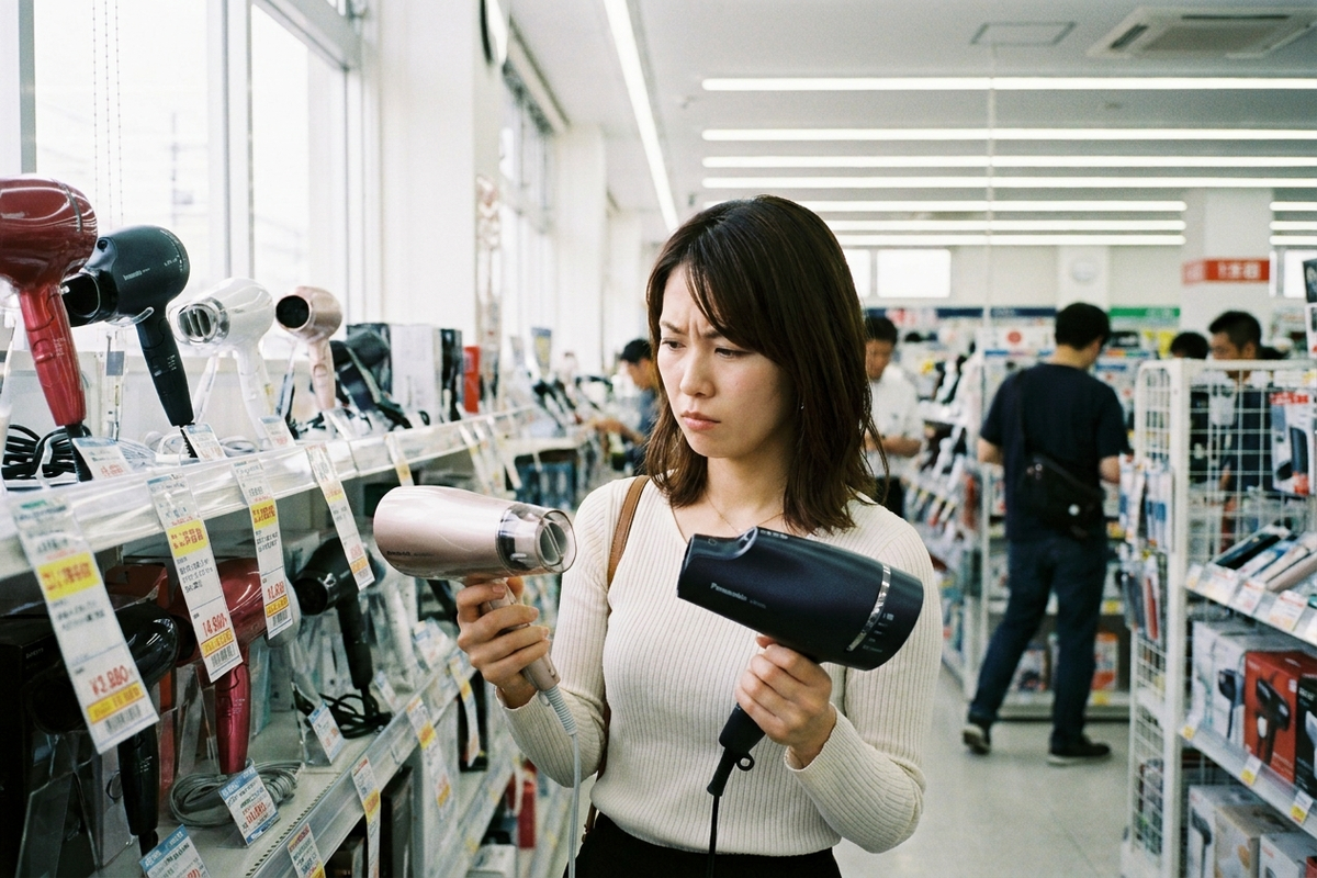 家電量販店でドライヤーを両手に持ち比べて悩む女性