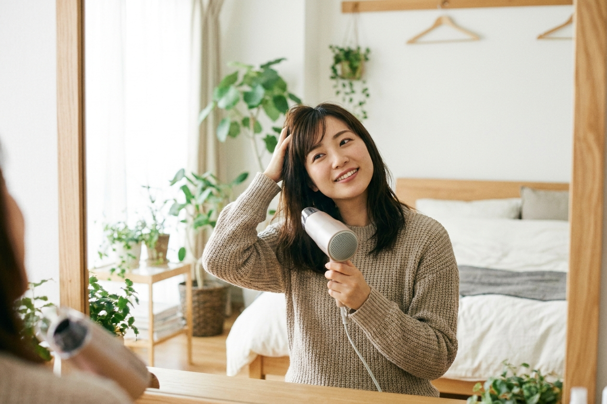 1万円台のドライヤーで髪を乾かしながらリラックスした表情の女性