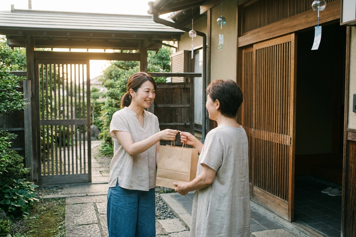 お盆の帰省で義実家に手土産を渡す場面