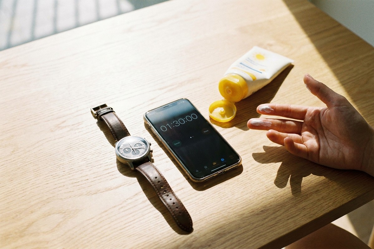 時計とスマホのアラームで塗り直しのタイミングを確認するイメージ