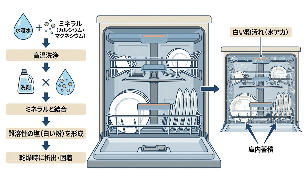 食洗機庫内の白残りの原因を示す図解