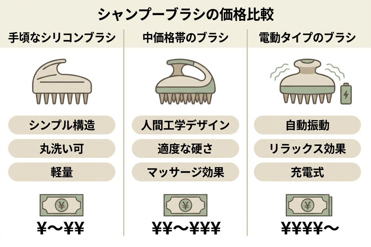 シャンプーブラシの価格帯ごとの違いを示す日本語のインフォグラフィック
