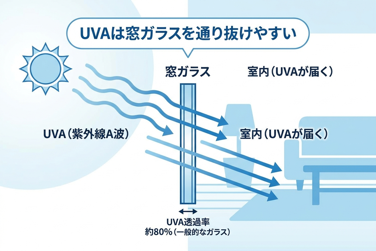 窓ガラスをUVAが通り抜けて部屋の中まで届く様子を示す図解