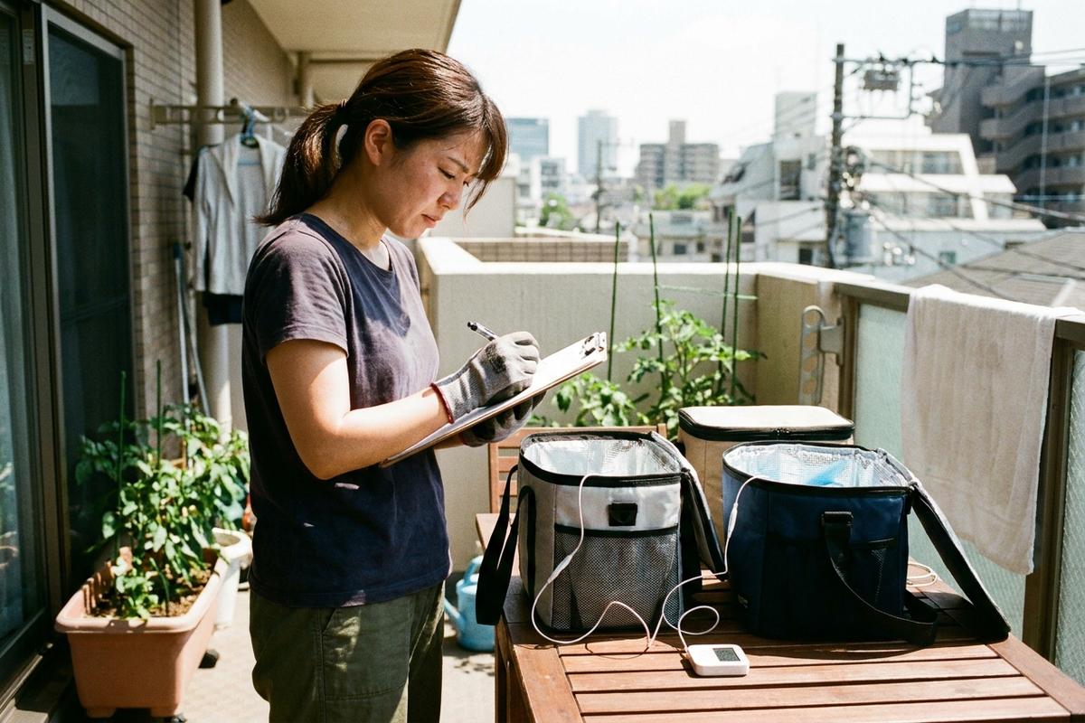 屋外のテーブルで保冷バッグの温度を記録する女性