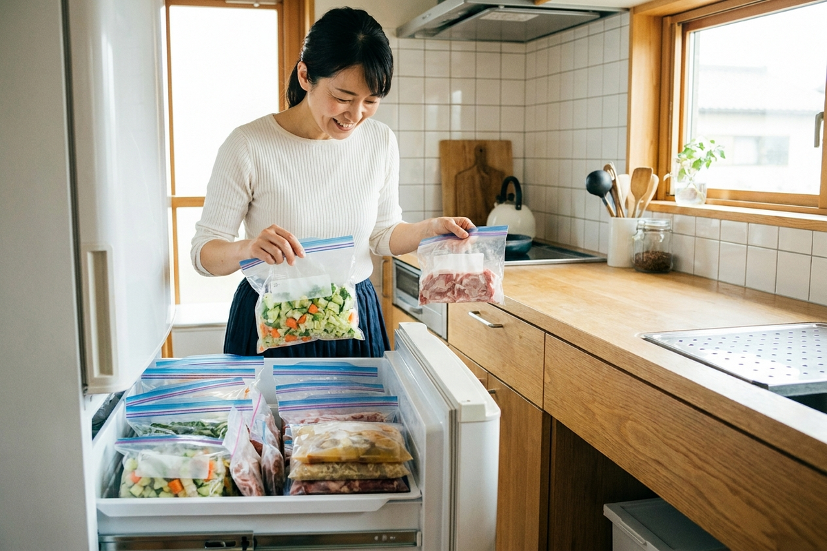 冷凍室を整理する様子