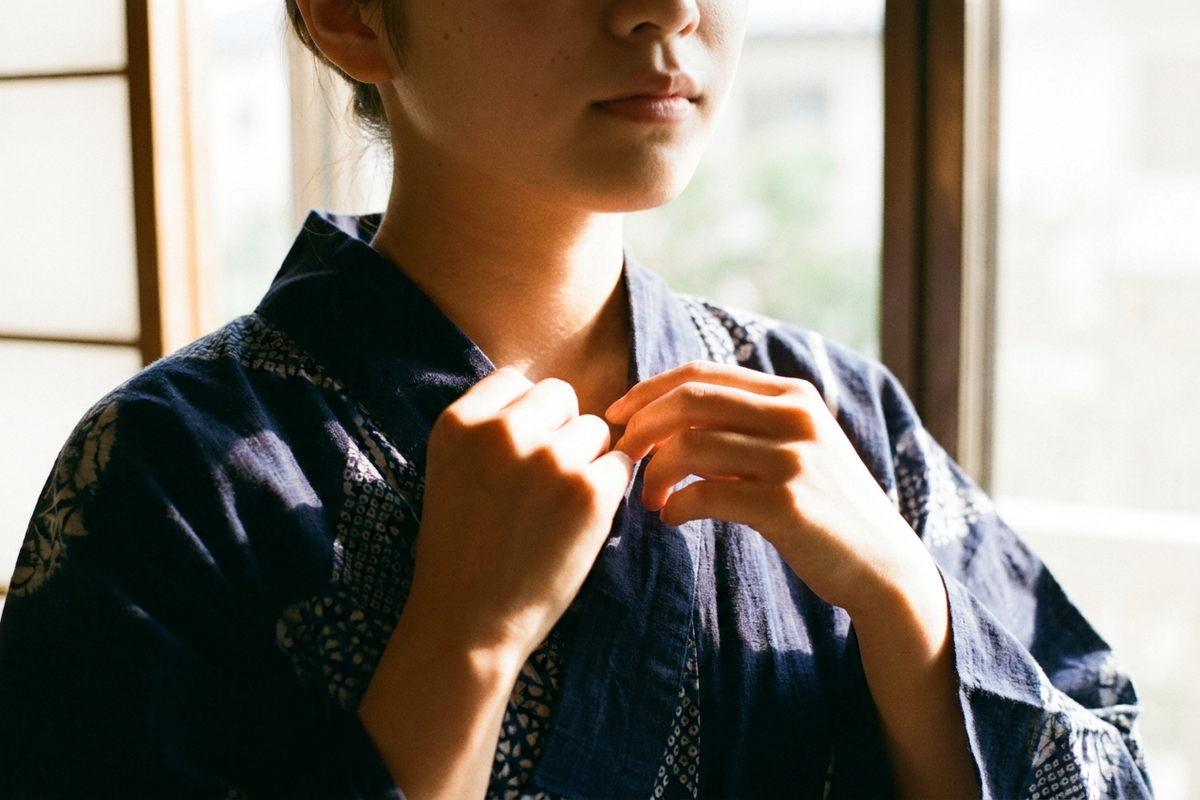 浴衣の衿元を整える女性の手元