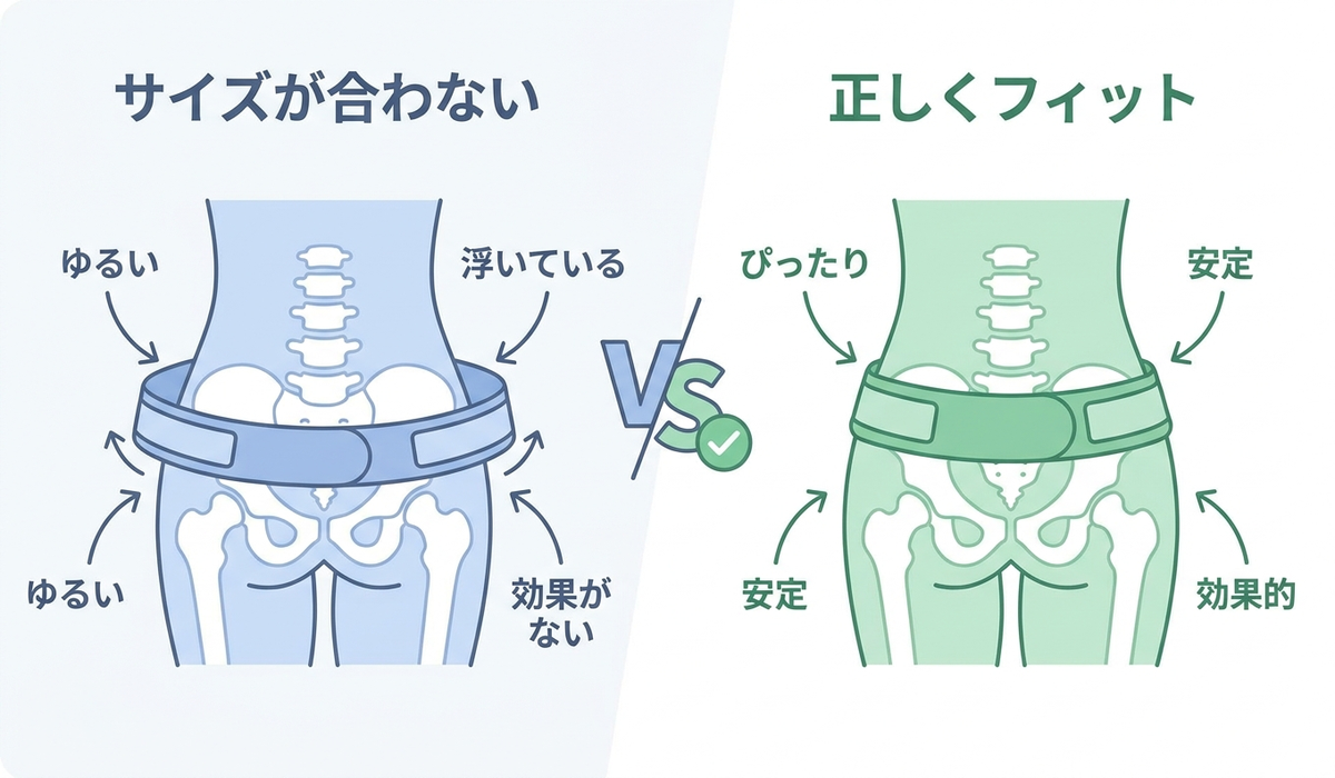 サイズの合わない骨盤ベルトと正しくフィットしたベルトの比較図