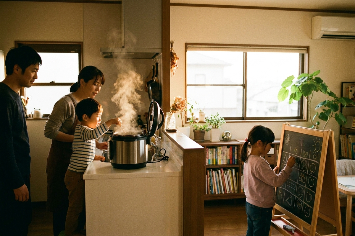 お手伝いボードとタイマーを使う親子の様子