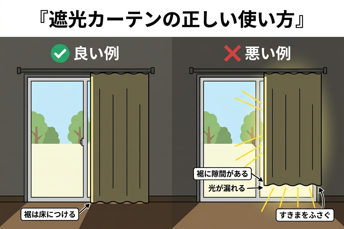 遮光カーテンの正しい使い方と隙間の防ぎ方を示す図解