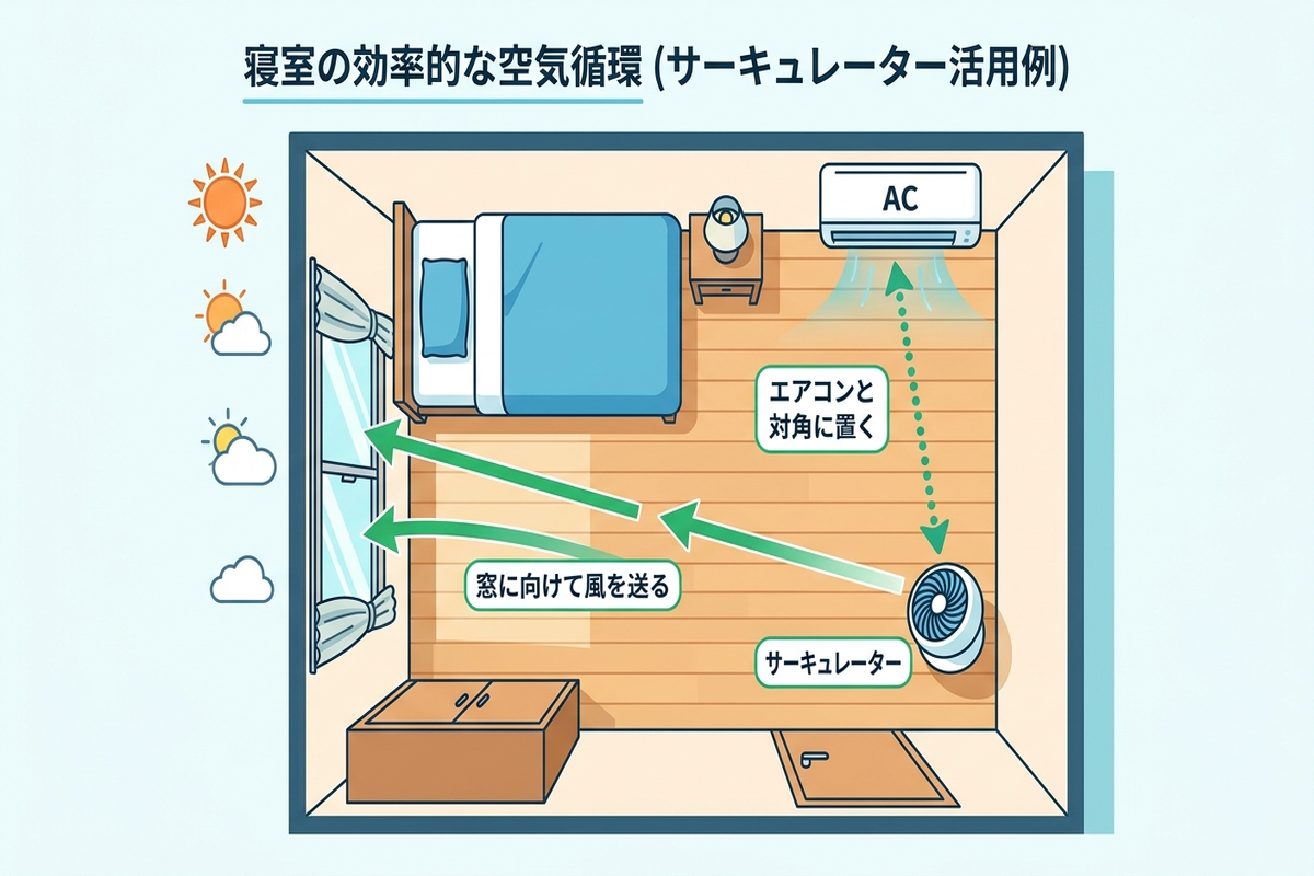 寝室でサーキュレーターを窓に向けて置き、エアコンと対角に配置する図解
